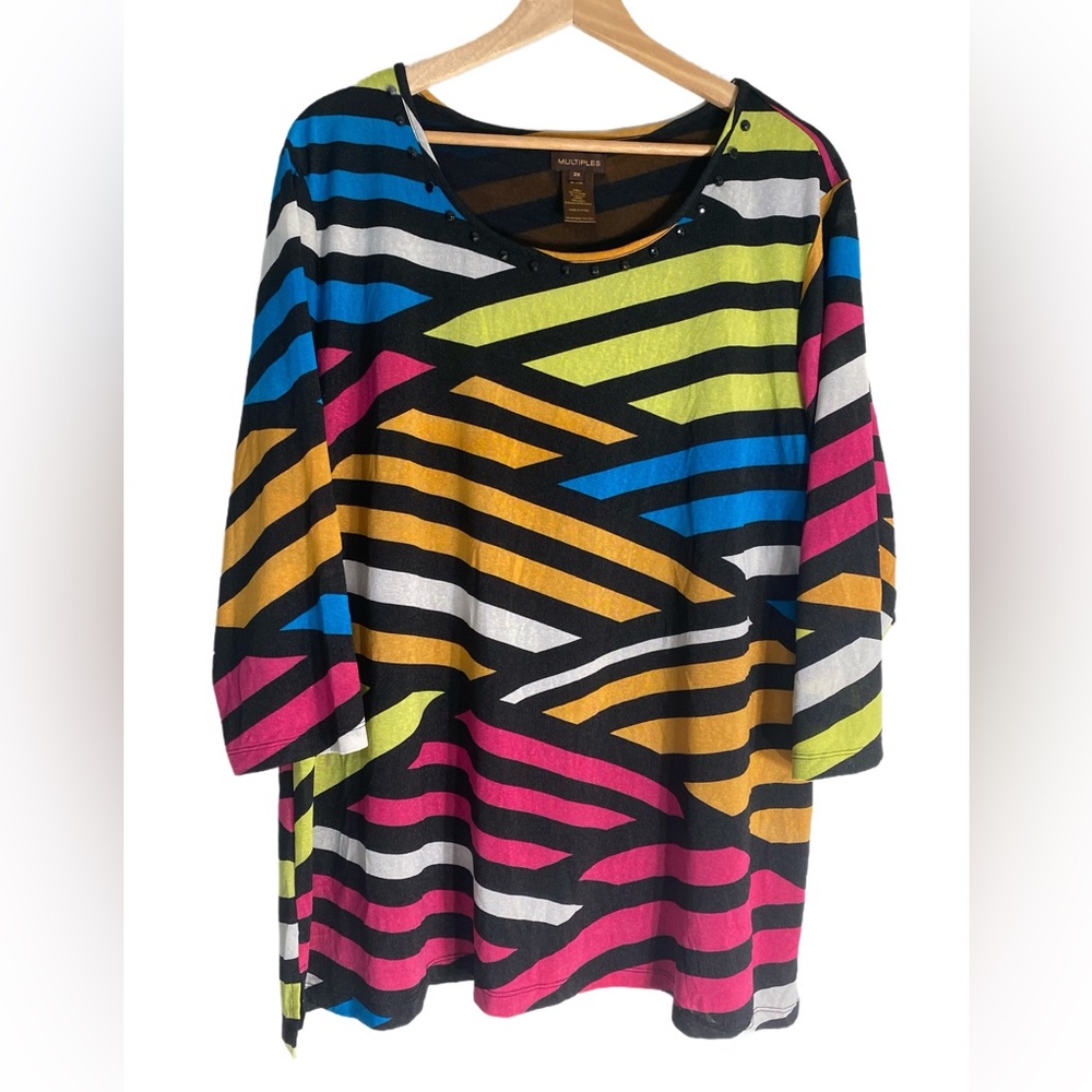 Multiples Womens Plus Size 2X Colorful Striped Oversized‎ Knit Top 3/4 Sleeve